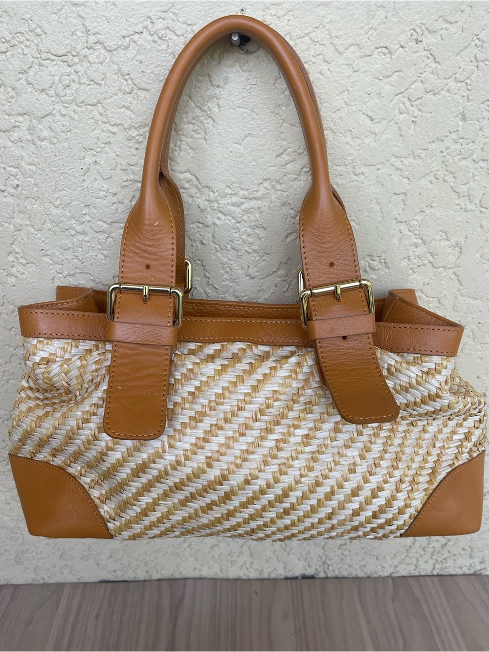 Divina Firenze Woven Tan and Cream Shoulder Handbag with Leather Trim